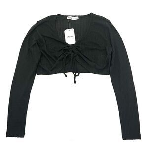 Elodie Women’s Black Waffle Knit Tie Front Long Sleeve Crop Top Size M & XL